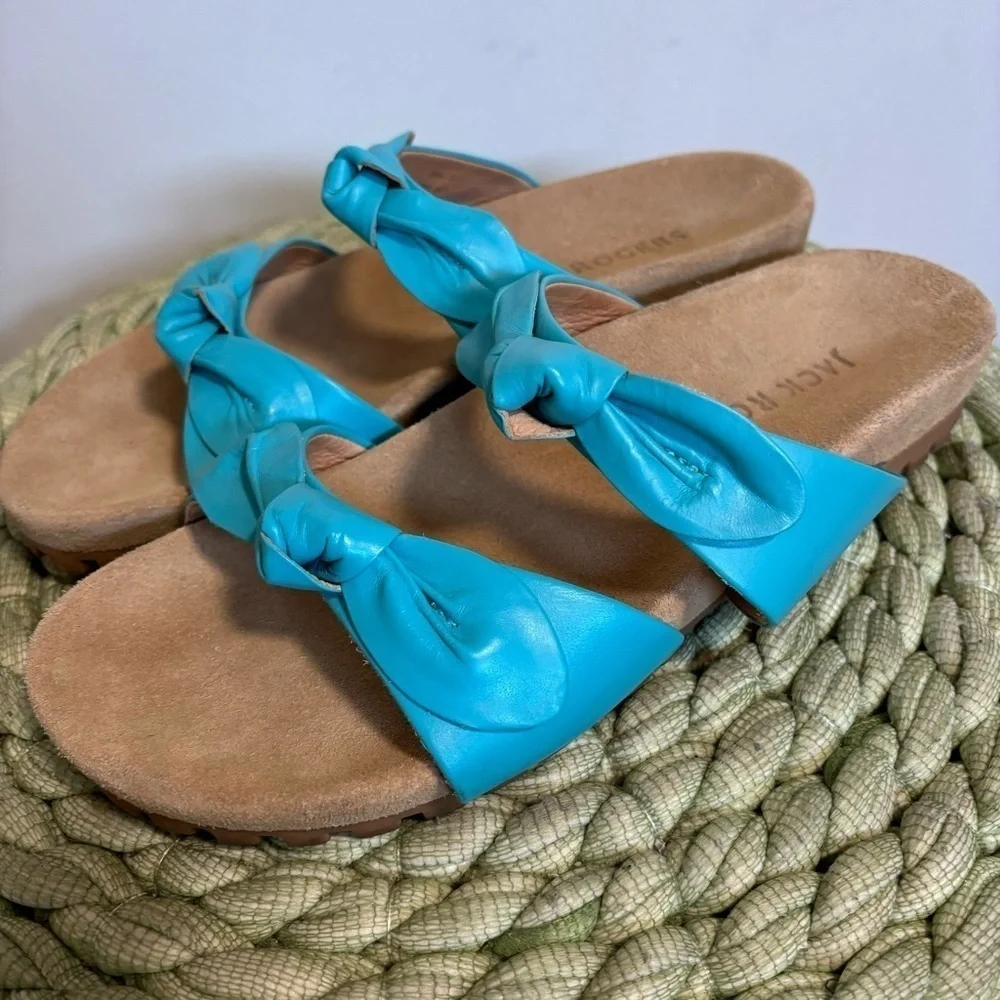 Jack Rogers Rose Aqua Blue Leather Double Knot Slide Flat Sandals Size 9